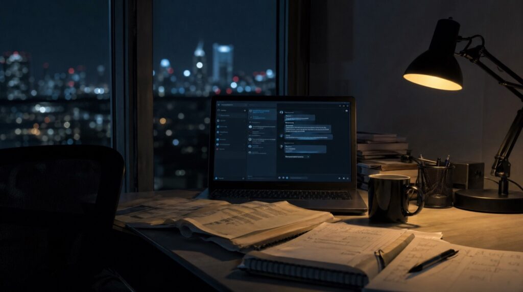 深夜2時のオフィスのPCとチャット画面