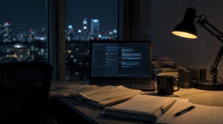 深夜2時のオフィスのPCとチャット画面