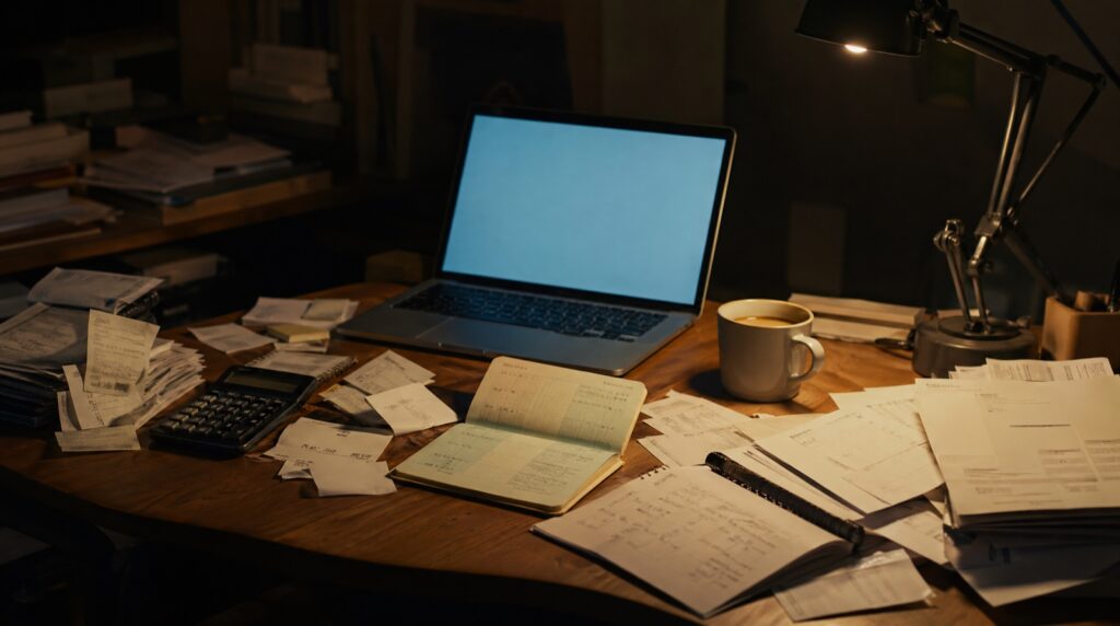 深夜のデスク、電卓と銀行通帳と請求書
