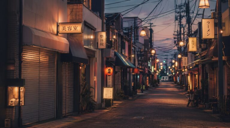 夕方の商店街、整体院・美容室・ラーメン屋の看板