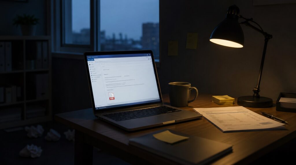 夜明け前のオフィスのPCと見積書